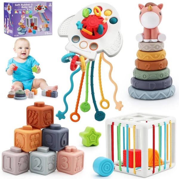 Juguete Montessori 4 en 1 para Bebés – Sensorial, Apilable y con Cuerda de Dentición