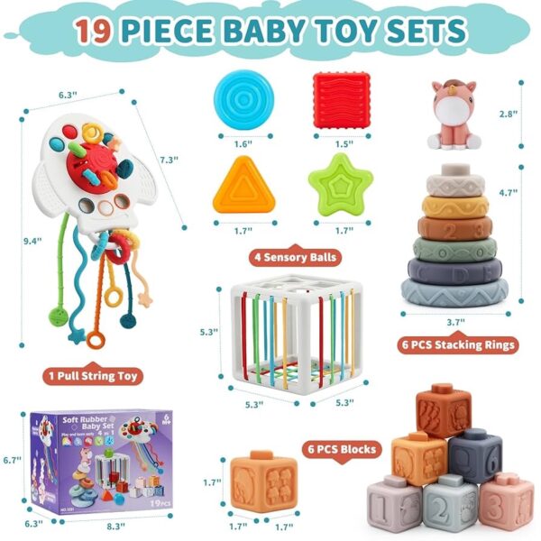 Juguete Montessori 4 en 1 para Bebés – Sensorial, Apilable y con Cuerda de Dentición