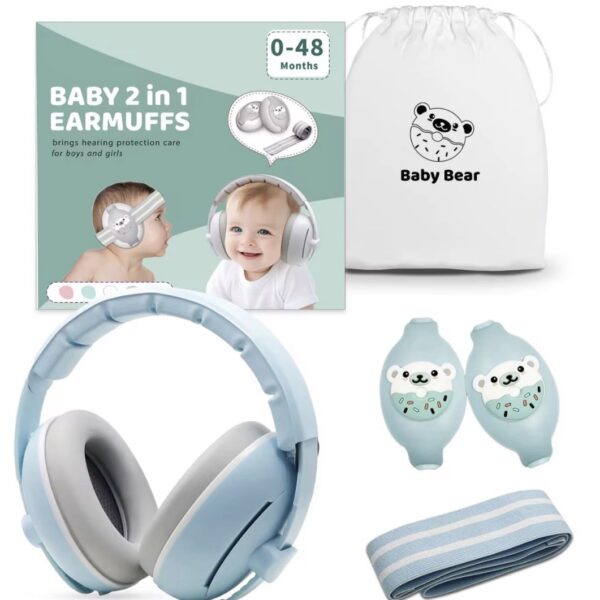 Auriculares Protectores Auditivos 2 en 1 para Bebés – Gris - Rosado - Celeste , Ajustables con Banda Elástica