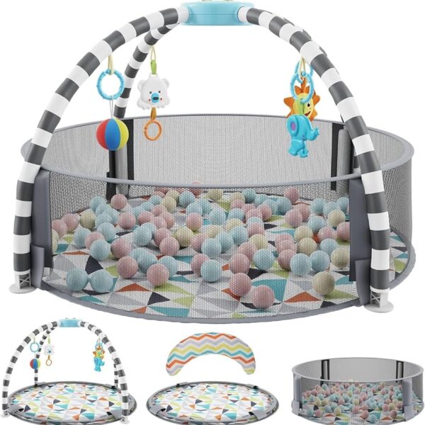 Widespread Nutrition – Gimnasio de Juego 5 en 1 para Bebés con Piscina de Pelotas | Incluye 6 Juguetes, Almohada para Tummy Time y Tapete de Actividades