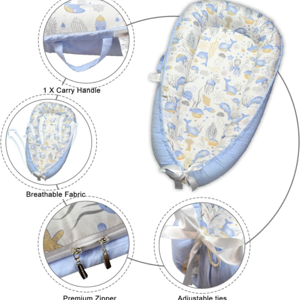 Tumbona o Nido Portátil para Bebé de 0-24 meses, 100% algodón, diseño de animales del mar