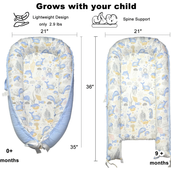 Tumbona o Nido Portátil para Bebé de 0-24 meses, 100% algodón, diseño de animales del mar