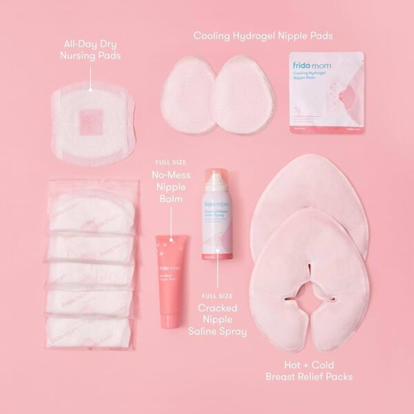 Frida Mom Kit de supervivencia de lactancia materna para madres lactantes, paquetes reutilizables de alivio de senos calientes y fríos, almohadillas para pezones de hidrogel, aerosol salino