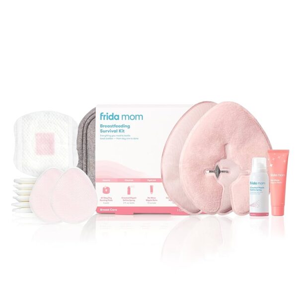 Frida Mom Kit de supervivencia de lactancia materna para madres lactantes, paquetes reutilizables de alivio de senos calientes y fríos, almohadillas para pezones de hidrogel, aerosol salino