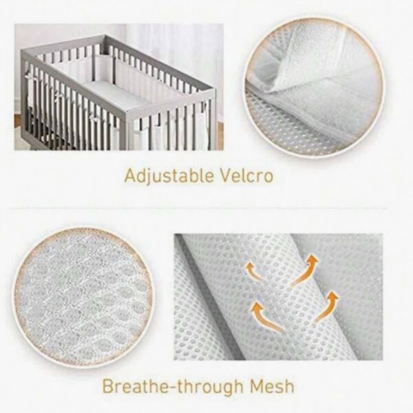 Protector de cuna transpirable de 4 lados (2 piezas) – Malla unicolor con velcro ajustable
