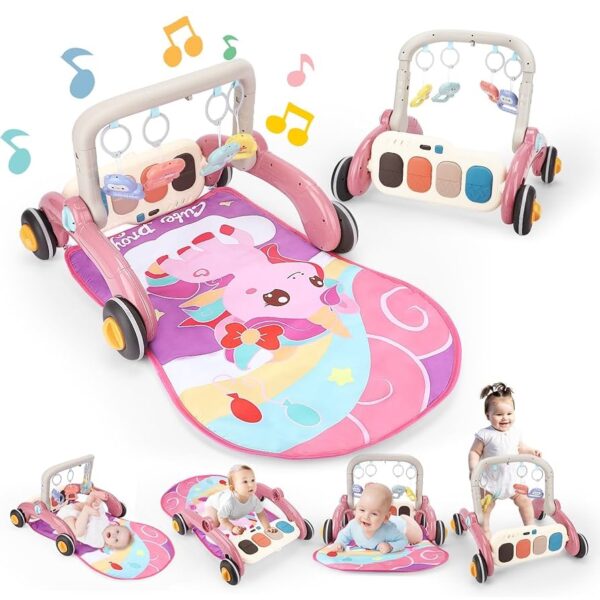 Gimnasio de juego 2 en 1 con andador y tapete sensorial - Unicornio Rosa