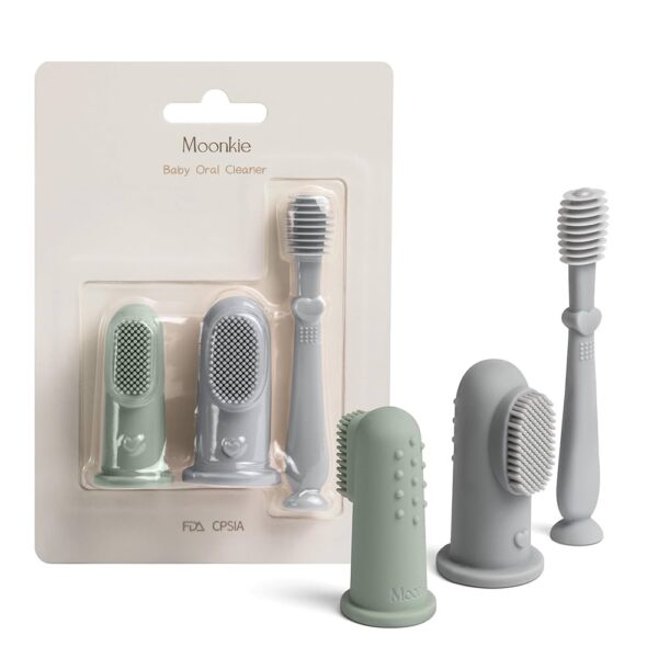 Moonkie Kit de limpieza oral para bebé, 3 piezas (2 cepillos de dedo + 1 limpiador de lengua), silicona suave libre de BPA - Verde y azul