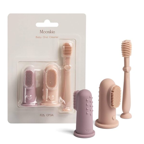 Moonkie Kit de limpieza oral para bebé, 3 piezas (2 cepillos de dedo + 1 limpiador de lengua), silicona suave libre de BPA – Colores rubor/malva pálida/rubor