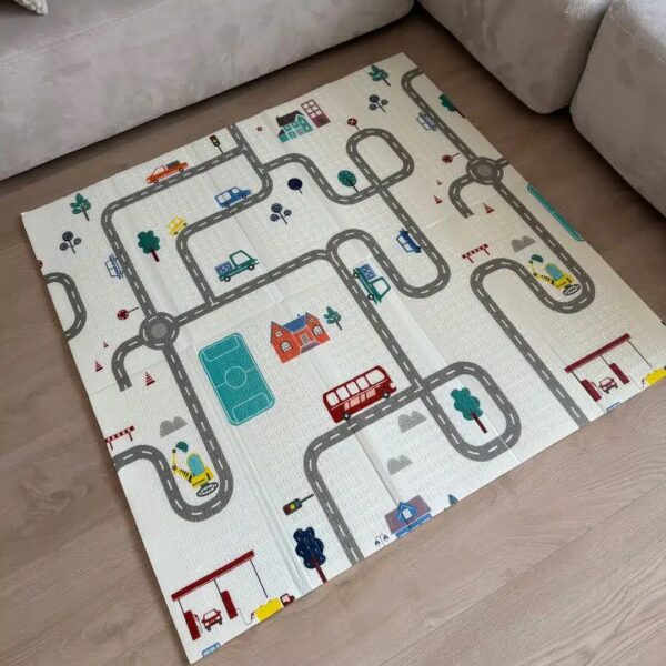 Alfombra de Juego Reversible – Diseño Carretera y Ositos, Plegable (120x120cm)