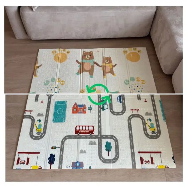 Alfombra de Juego Reversible – Diseño Carretera y Ositos, Plegable (120x120cm)