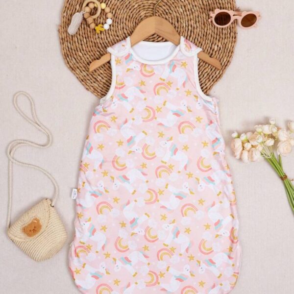 Saco de Dormir o swaddle para Bebé sin Mangas – Algodón Suave con Estampado de Unicornios y Arcoíris