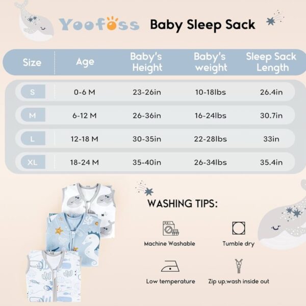 Yoofoss Saco de dormir para niño 0-6 meses, 100% algodón orgánico, ligero 0.5 TOG con cremallera de 2 vías. Blanco con ballenas grises