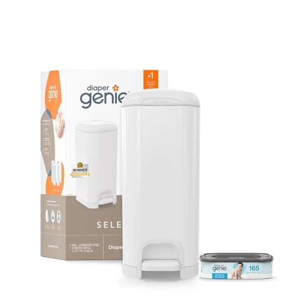 Diaper Genie Select – Basurero de pañales de acero inoxidable con repuesto inicial, capacidad hasta 165 pañales