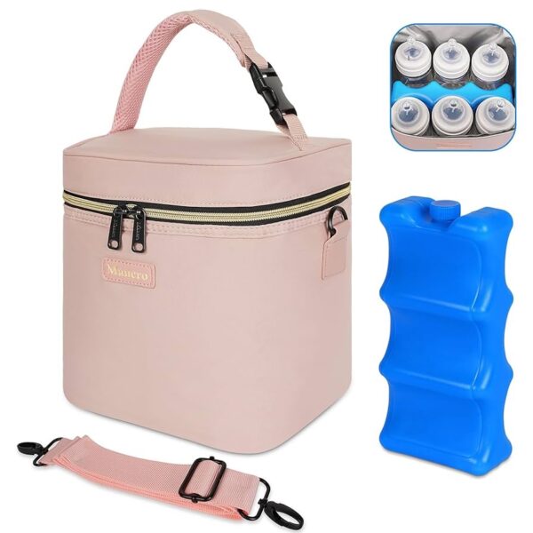 Bolsa o hielera para biberones Mancro con enfriador aislante, capacidad para 6 biberones de hasta 9 onzas con paquete de hielo, bolsa enfriadora para leche materna con correa ajustable para facilitar su transporte