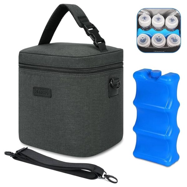 Bolsa o hielera para biberones Mancro con enfriador aislante, capacidad para 6 biberones de hasta 9 onzas con paquete de hielo, bolsa enfriadora para leche materna con correa ajustable para facilitar su transporte