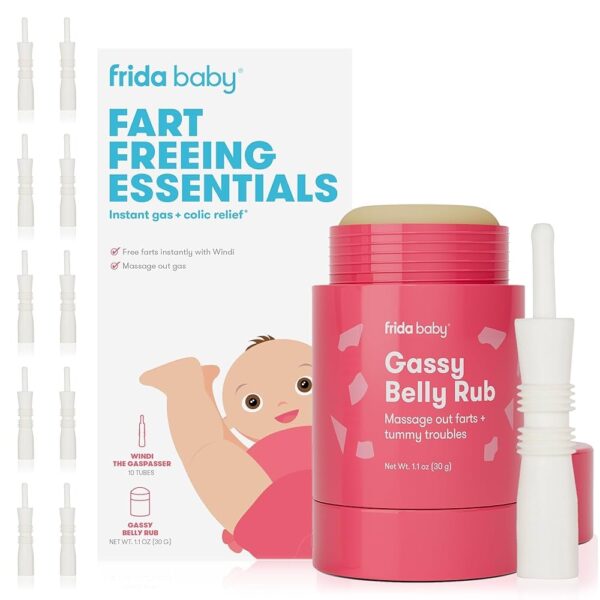 Frida Baby Esenciales para liberar gases | Incluye Windi y Gassy Belly Rub para alivio seguro, natural e instantáneo de gases y cólicos