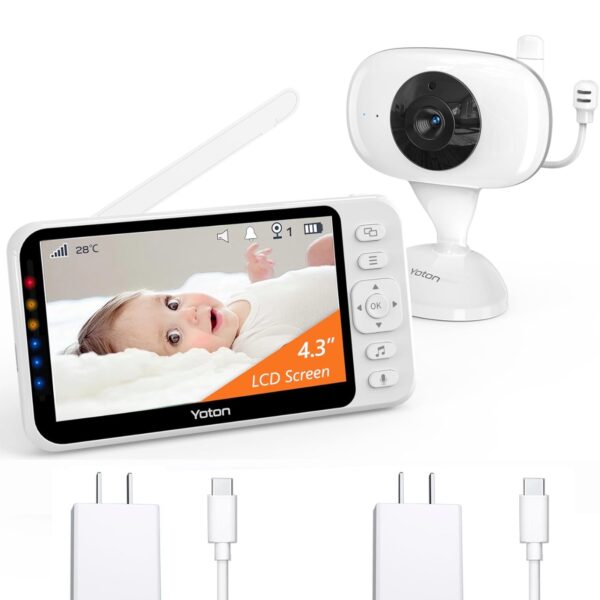 YOTON Monitor de bebé sin WiFi, cámara de monitor de bebé de 4.3 pulgadas con zoom 4X, cable de carga USB-C de 5.9 ft, visión nocturna infrarroja, audio bidireccional, batería recargable de 1500 mAh