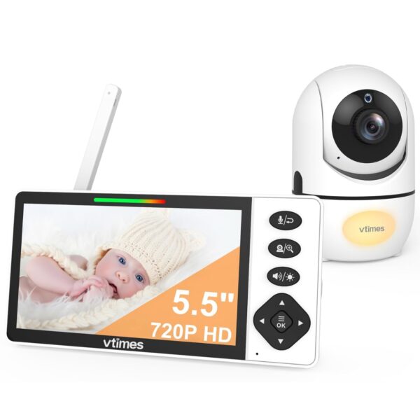 Vtimes - Monitor de bebé con cámara y audio, pantalla HD 720P de 5.5 pulgadas, monitor de bebé sin WiFi modo VOX alarma de zoom panorámico y rango de 1000 pies, visión nocturna y luz nocturna