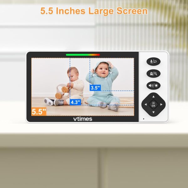 Vtimes - Monitor de bebé con cámara y audio, pantalla HD 720P de 5.5 pulgadas, monitor de bebé sin WiFi modo VOX alarma de zoom panorámico y rango de 1000 pies, visión nocturna y luz nocturna