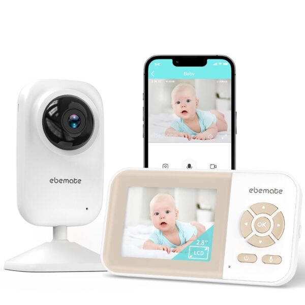 Ebemate - Cámara de monitor de bebé con pantalla LCD de 2.8 pulgadas, video y audio, sin visión nocturna brillante, cámara de audio de conversación de 2 vías, monitoreo de bebé, rango de 1200 pies,