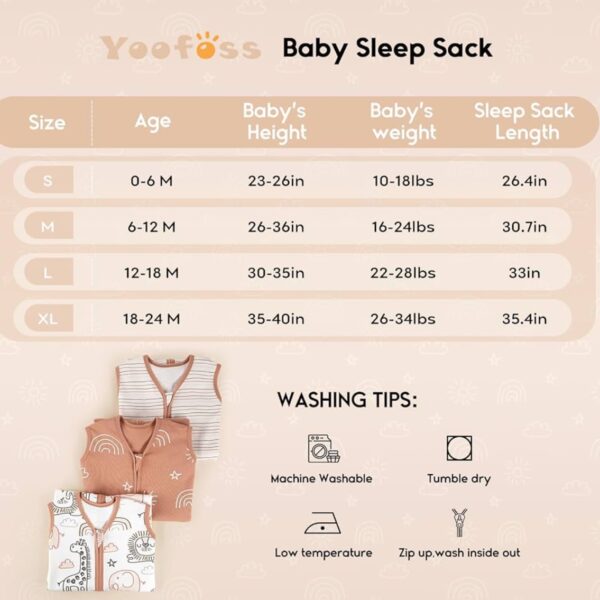 Yoofoss Saco de dormir para niña 0-6 meses, 100% algodón orgánico, ligero 0.5 TOG con cremallera de 2 vías. Diseño de rayas