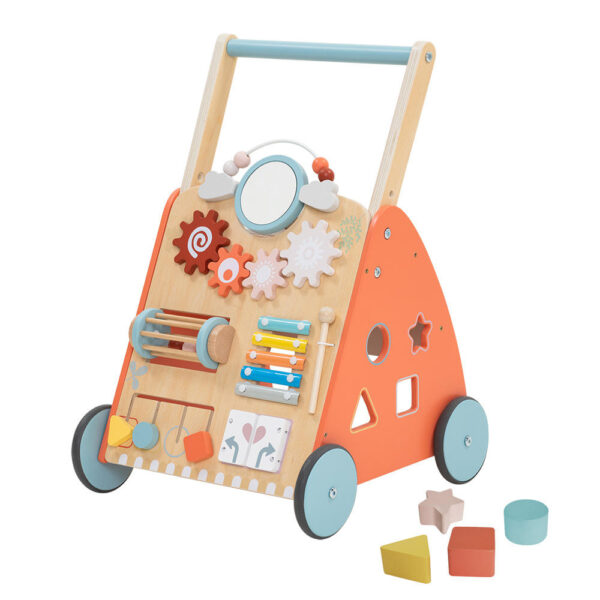 Andador o andadera Montessori de Madera para Bebé de 10 a 36 Meses – Altura Ajustable con Freno y Centro de Actividades y simulador de volante