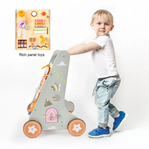 Andador o andadera Montessori de Madera para Bebé de 10 a 36 Meses – Con Freno y Centro de Actividades Sensoriales, gris