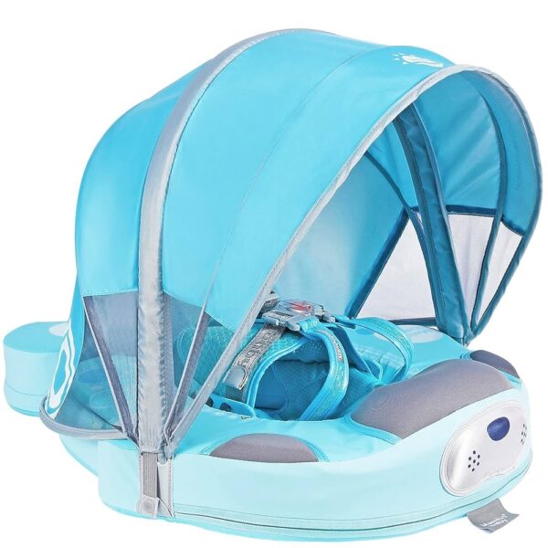 Flotador de Bebé Mambobaby con Cola antivuelco y toldo con protección solar UPF50+, No Inflable, 2 Posiciones de Nado, para bebés de 3-48 meses, leon marino celeste
