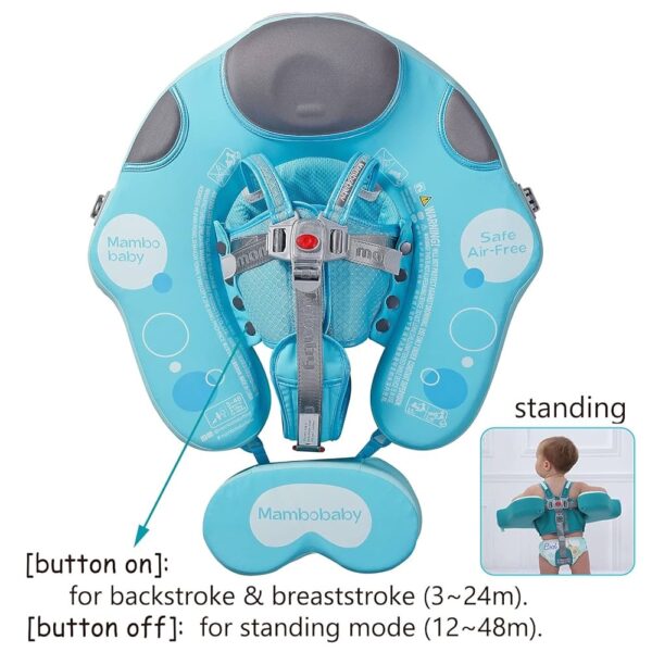 Flotador de Bebé Mambobaby con Cola antivuelco y toldo con protección solar UPF50+, No Inflable, 2 Posiciones de Nado, para bebés de 3-48 meses, leon marino celeste