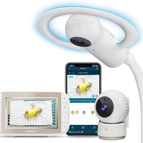 Motorola Halo+ Monitor de video para bebés, cámara doble Wi-Fi para bebés con soporte para cuna, pantalla a color de 4.3 pulgadas con visión nocturna infrarroja