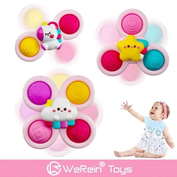 Spinners con Ventosa Sensoriales – Juguetes Giratorios para Bebés - Unicornio, Nube y Estrellita (Set de 3 Piezas)