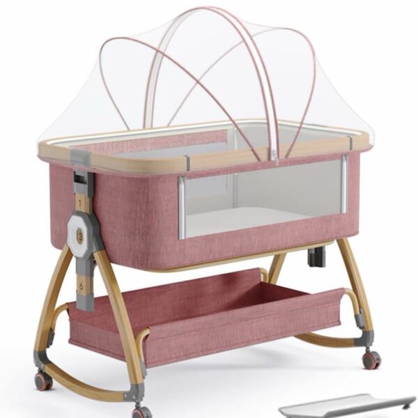 Cuna Colecho 4 en 1 con Mosquitero, cambiador– Altura Ajustable con Canasta de Almacenamiento, Función Mecedora, y Antireflujo- rosado