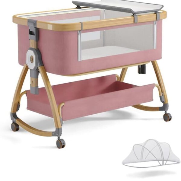 Cuna Colecho 4 en 1 con Mosquitero, cambiador– Altura Ajustable con Canasta de Almacenamiento, Función Mecedora, y Antireflujo- rosado