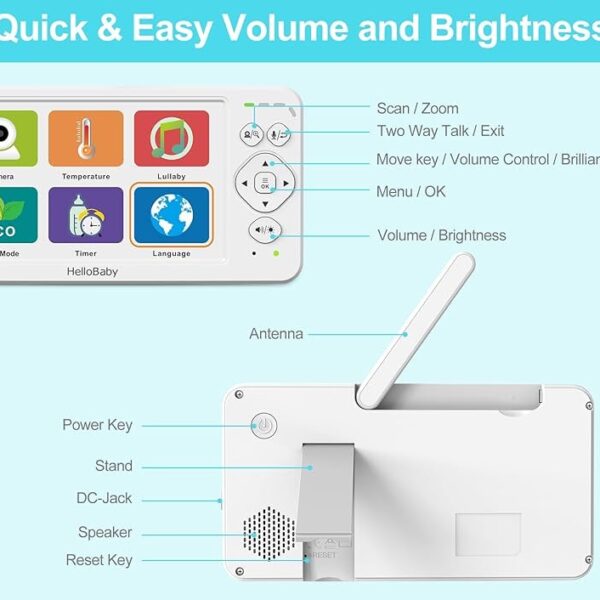 HelloBaby Monitor de Bebé con Cámara y Audio, Pantalla de 6”, Sin WiFi, Batería de Hasta 30 Horas, Cámara Panorámica con Zoom, Visión Nocturna y Comunicación Bidireccional.