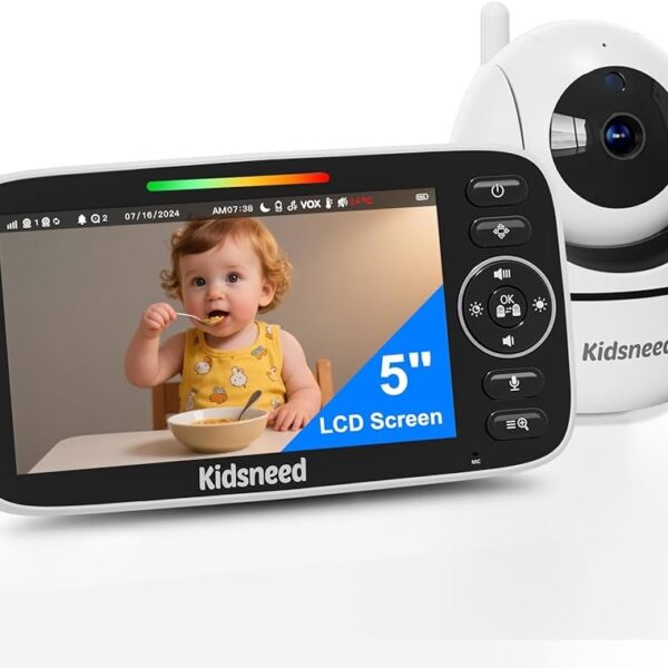 Kidsneed Monitor de Bebé con Cámara 720P sin WiFi, Pantalla de 5”, Batería de 48 Horas, Visión Nocturna, Panorámica/Inclinación/Zoom y Comunicación Bidireccional.