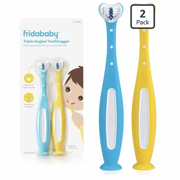 Frida Baby Cepillo de Dientes de Entrenamiento de Triple Ángulo para Niños de 2+ Años, Pack de 2 (Amarillo y Azul).