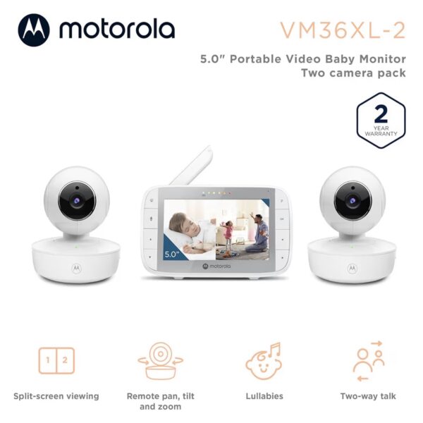 Motorola VM36XL-2 Monitor de Bebé con 2 Cámaras, Pantalla de 5”, Audio Bidireccional, Visión Nocturna y Detección de Llanto