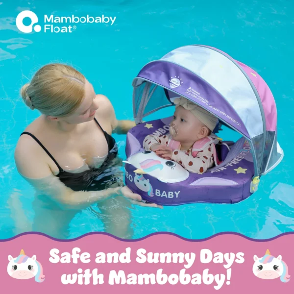 Flotador de Bebé Mambobaby con Cola antivuelco y toldo con protección solar UPF50+, No Inflable, 2 Posiciones de Nado, para bebés de 3-24 meses, unicornio