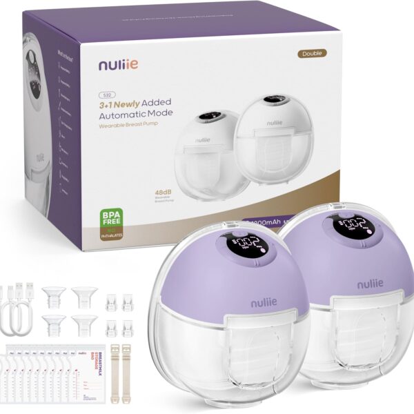 Extractor de Leche Manos Libres Nuliie S32– Bomba Portátil con 4 Modos, 9 Niveles y Diseño Discreto de 18/21/24mm, morado