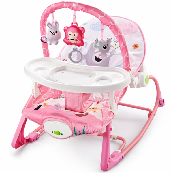 Boogy Mecedora 0M+ con Música, Vibración y Bandeja – Reclinable, Barra de Juguetes Extraíble y Soporta hasta 18 kg, rosado elefante