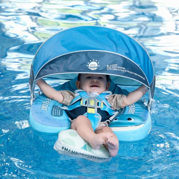 Flotador de Bebé Mambobaby con Cola antivuelco y toldo con protección solar UPF50+, No Inflable, 2 Posiciones de Nado, para bebés de 3-24 meses, dinosaurio
