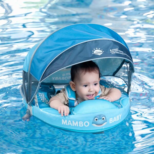 Flotador de Bebé Mambobaby con Cola antivuelco y toldo con protección solar UPF50+, No Inflable, 2 Posiciones de Nado, para bebés de 3-24 meses, dinosaurio