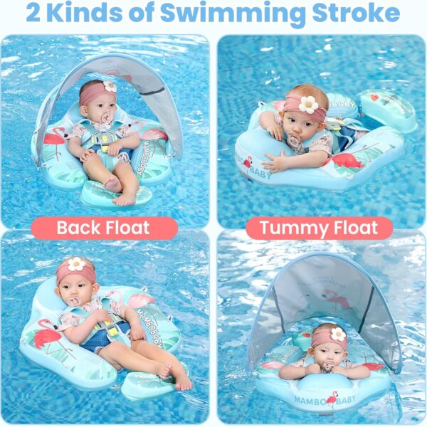 Flotador de Bebé Mambobaby con Cola antivuelco y toldo con protección solar UPF50+, No Inflable, 2 Posiciones de Nado, para bebés de 3-24 meses, flamingo celeste