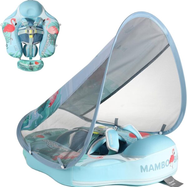 Flotador de Bebé Mambobaby con Cola antivuelco y toldo con protección solar UPF50+, No Inflable, 2 Posiciones de Nado, para bebés de 3-24 meses, flamingo celeste