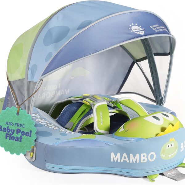 Flotador de Bebé Mambobaby con Cola antivuelco y toldo con protección solar UPF50+, No Inflable, 2 Posiciones de Nado, para bebés de 3-24 meses, t-rex