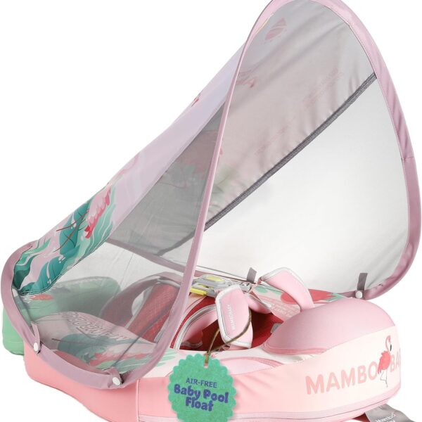 Flotador de Bebé Mambobaby con Cola antivuelco y toldo con protección solar UPF50+, No Inflable, 2 Posiciones de Nado, para bebés de 3-24 meses, flamingo rosado