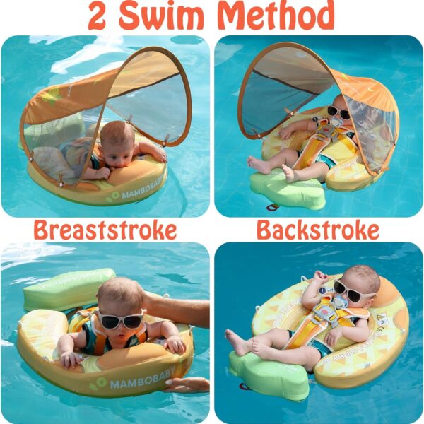 Flotador de Bebé Mambobaby con Cola antivuelco y toldo con protección solar UPF50+, No Inflable, 2 Posiciones de Nado, para bebés de 3-24 meses, piña