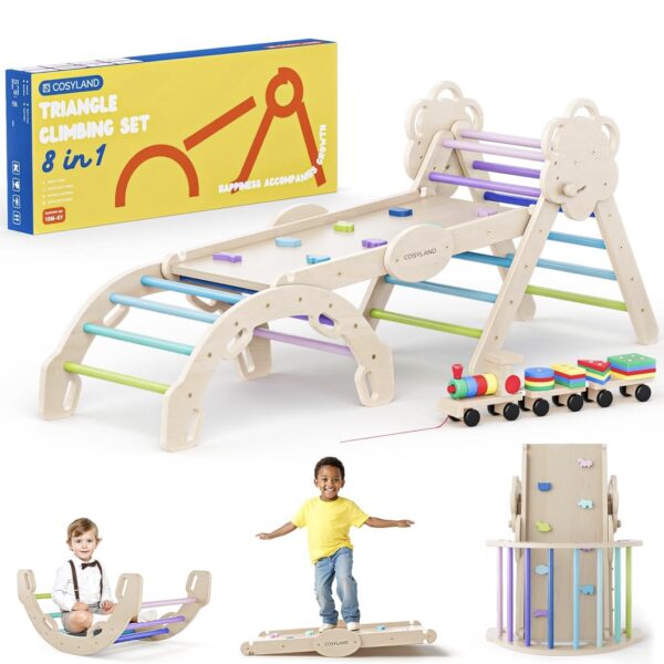 COSYLAND Set Montessori de Escalada 8 en 1 — Gimnasio Pikler de Madera para Niños 18 Meses a 6 Años, Plegable, Certificado ASTM, con Rampa, Arco, Balance Board y Tren Educativo