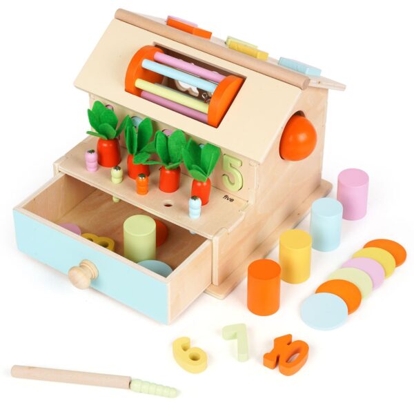 Casa Montessori de Madera 8 en 1 para Bebés y Niños Pequeños (12–36 meses) – Clasificación de Formas y Colores, Números 1–10, Tambor Giratorio, Caja de Permanencia y Juego Sensorial