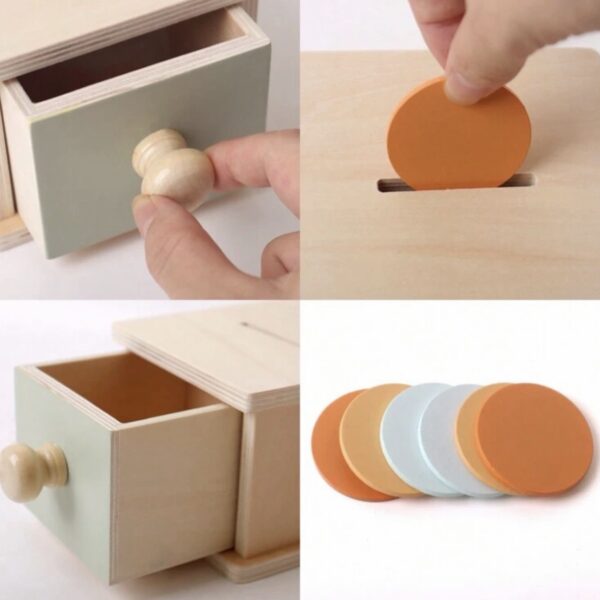 Caja de Monedas Montessori de Madera con Cajón – Juguete Educativo para Bebés (+12 meses)